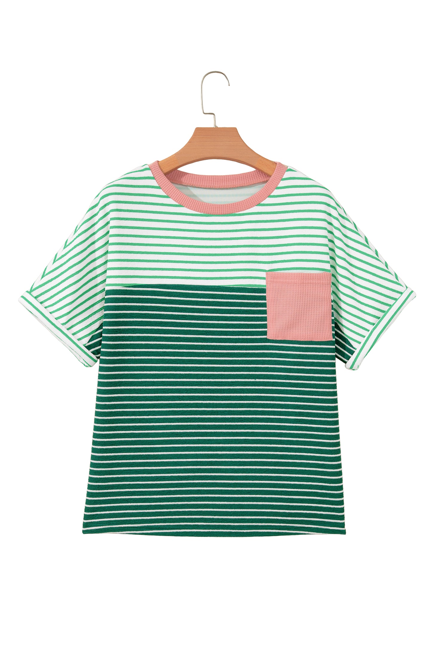 Striped Textured Tee Colorblock Pocket Casual Top