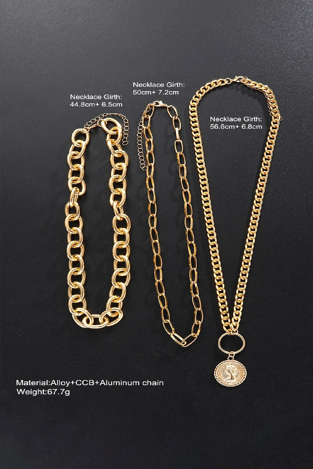 Gold Alloy Plated 3pcs Bold Chain Necklace Set