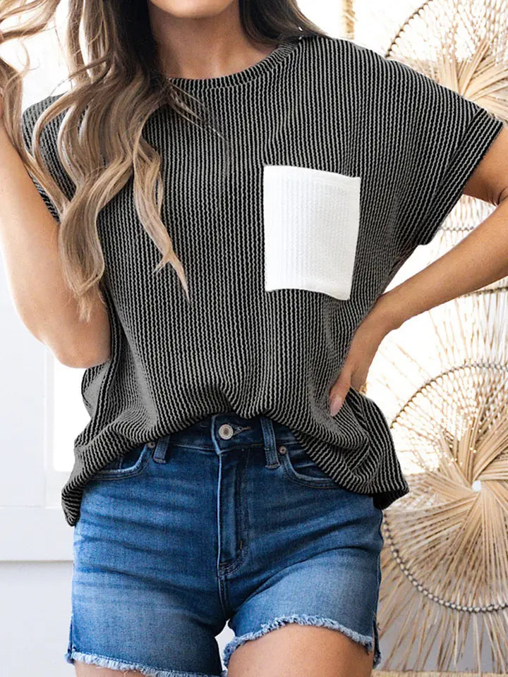 Light Blue Corded Knit Color Block Pocketed Crew Neck T Shirt
