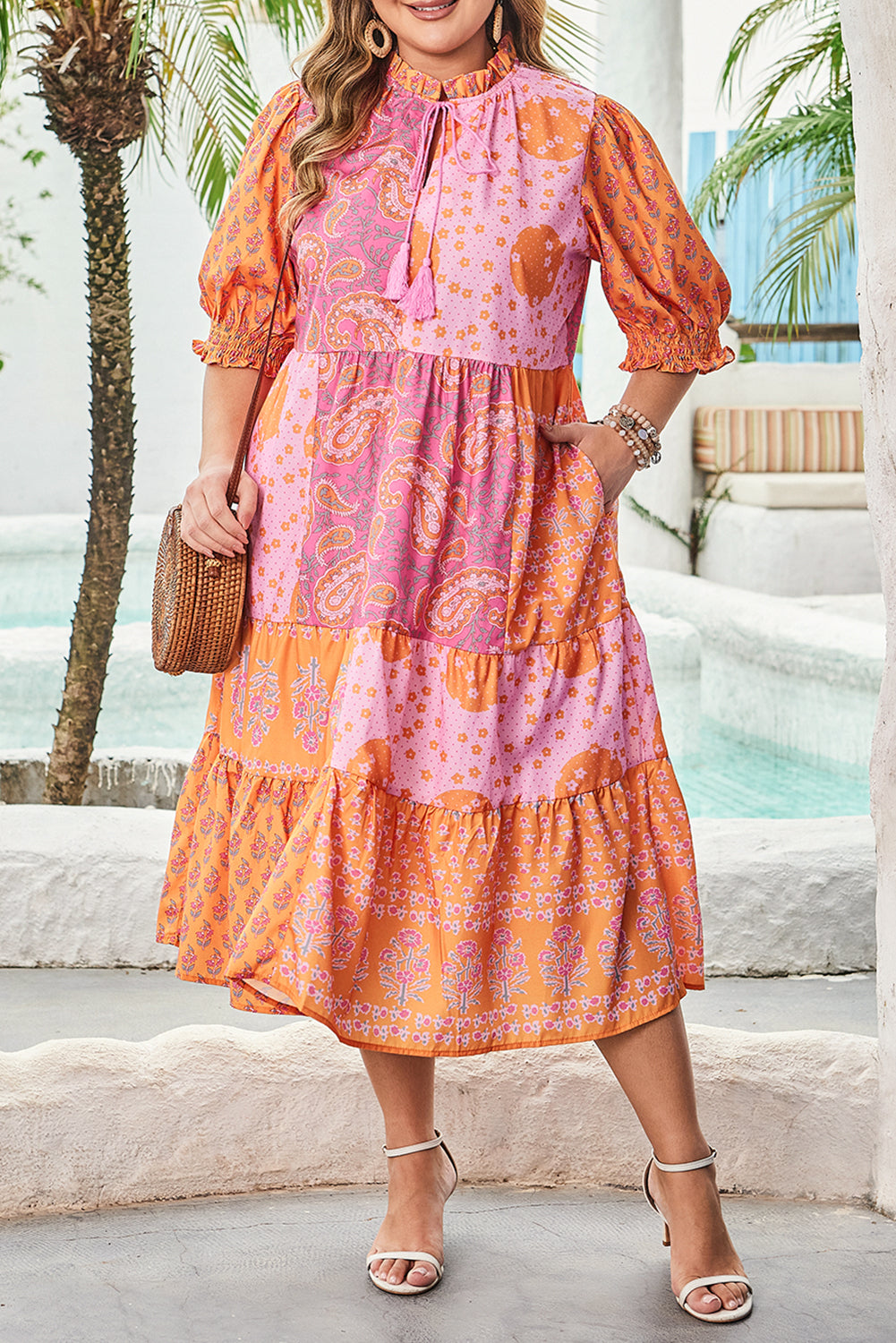 Floral Mixed Patchwork Tassel Tie Plus Size Midi Dress