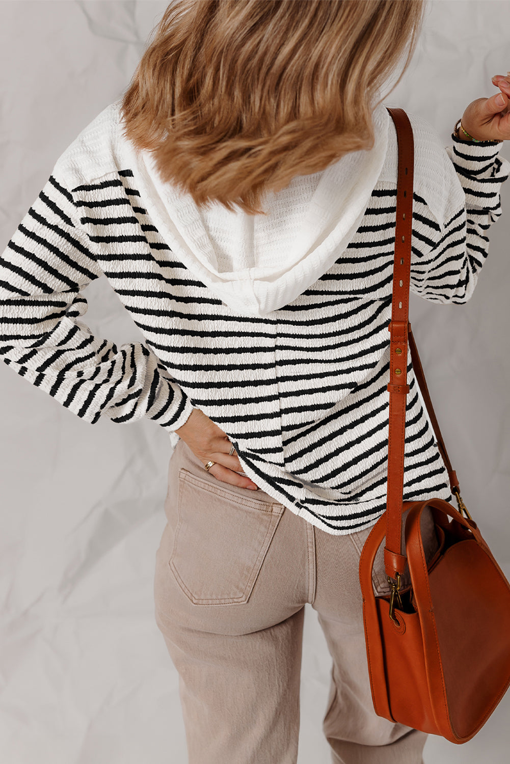 Khaki Stripe Textured Hooded V Neck Casual Long Sleeve Top