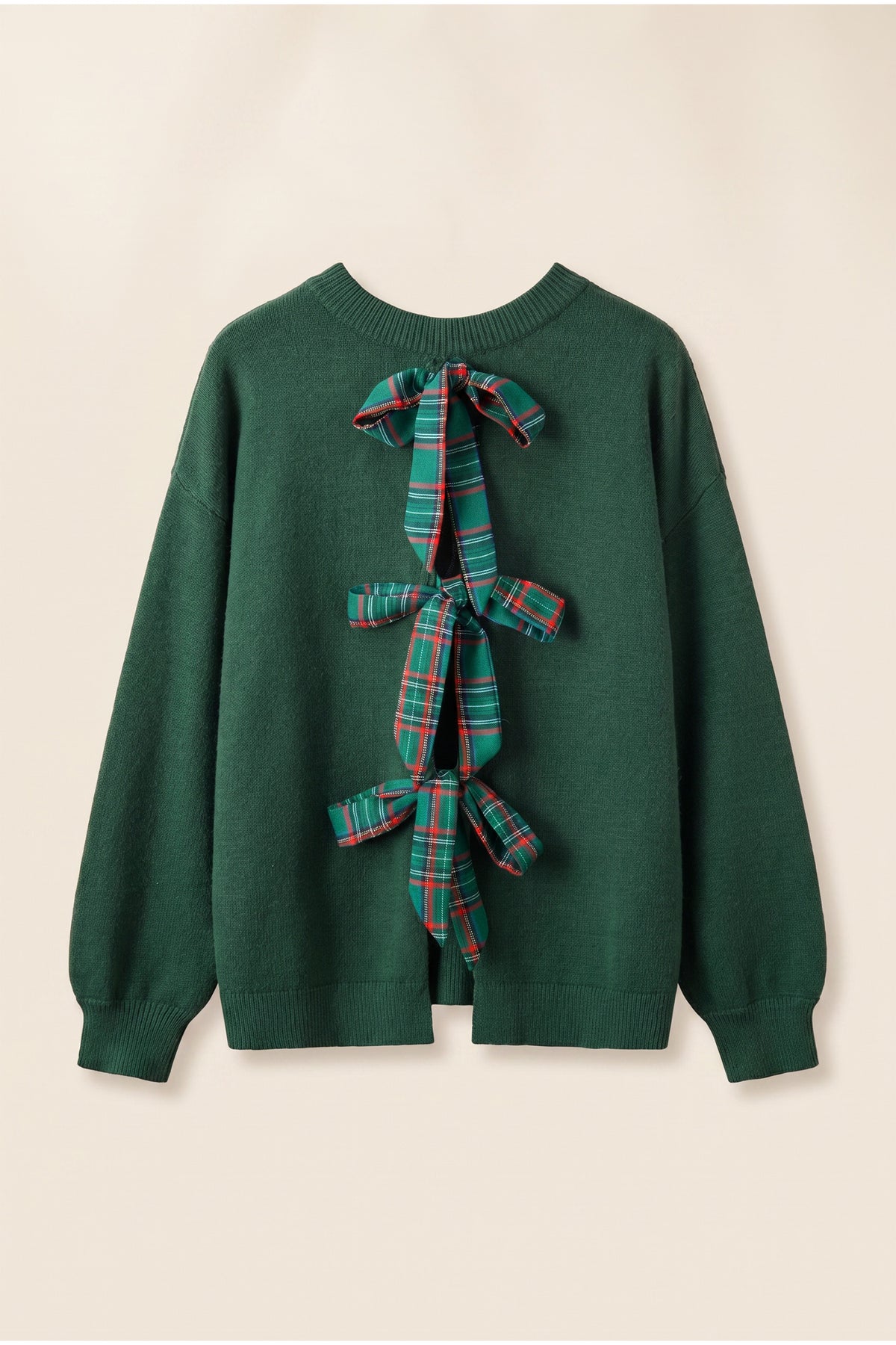 Blackish Green Plaid Bow Detail Drop Shoulder Christmas Sweater
