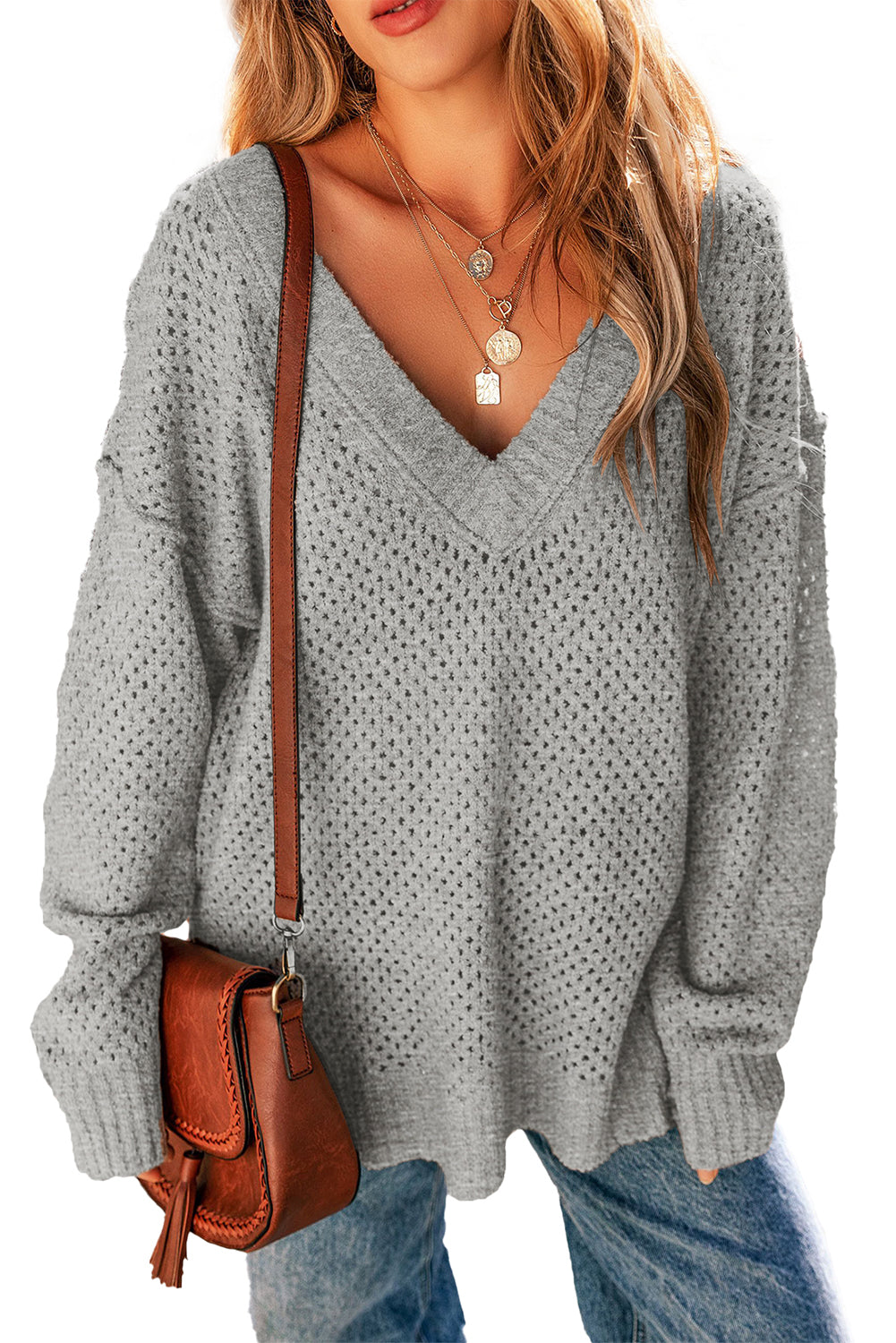 Parchment Loose Eyelet V Neck Drop Shoulder Sweater