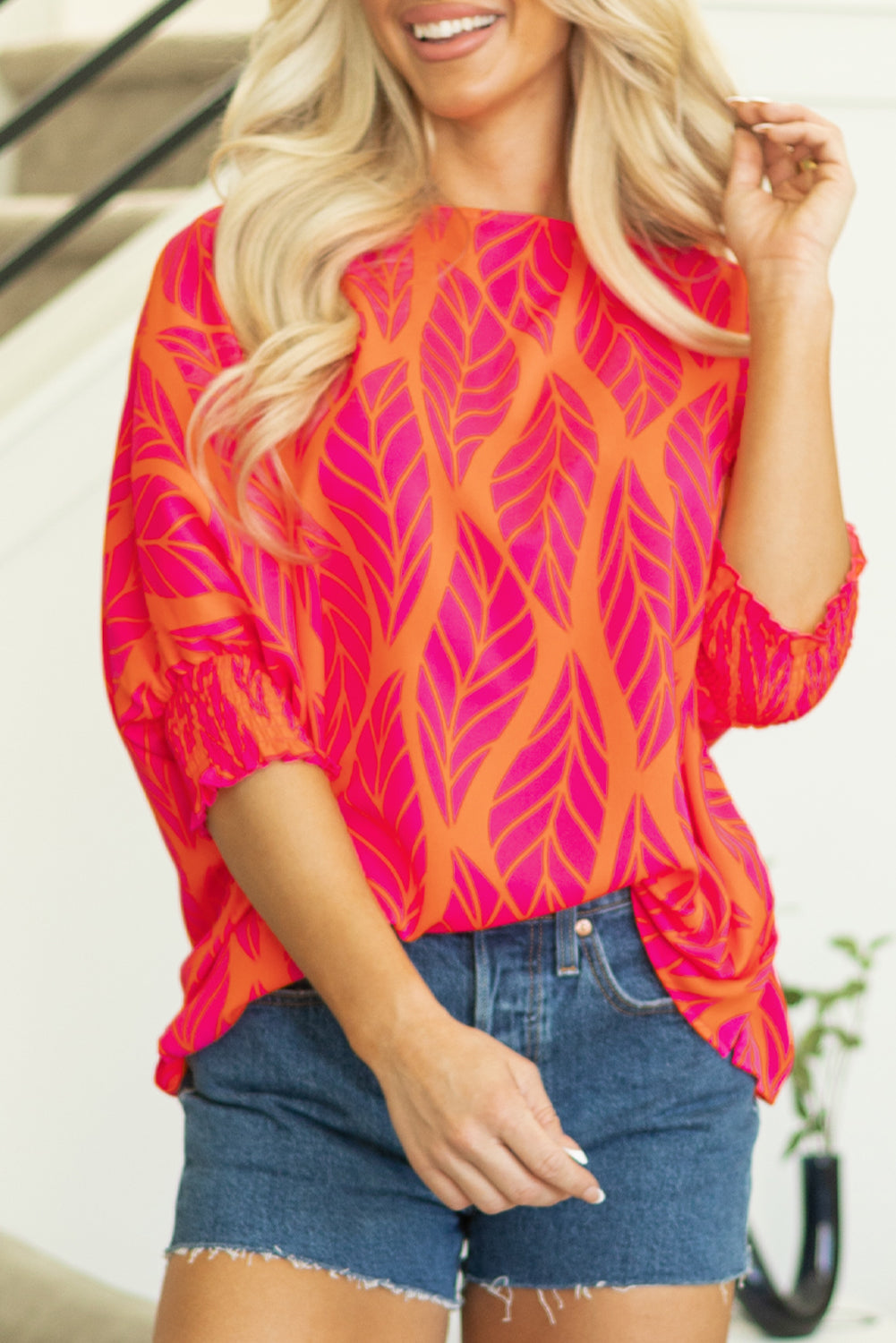 Tropical Leaf Print Smocked Puff Sleeve Blouse