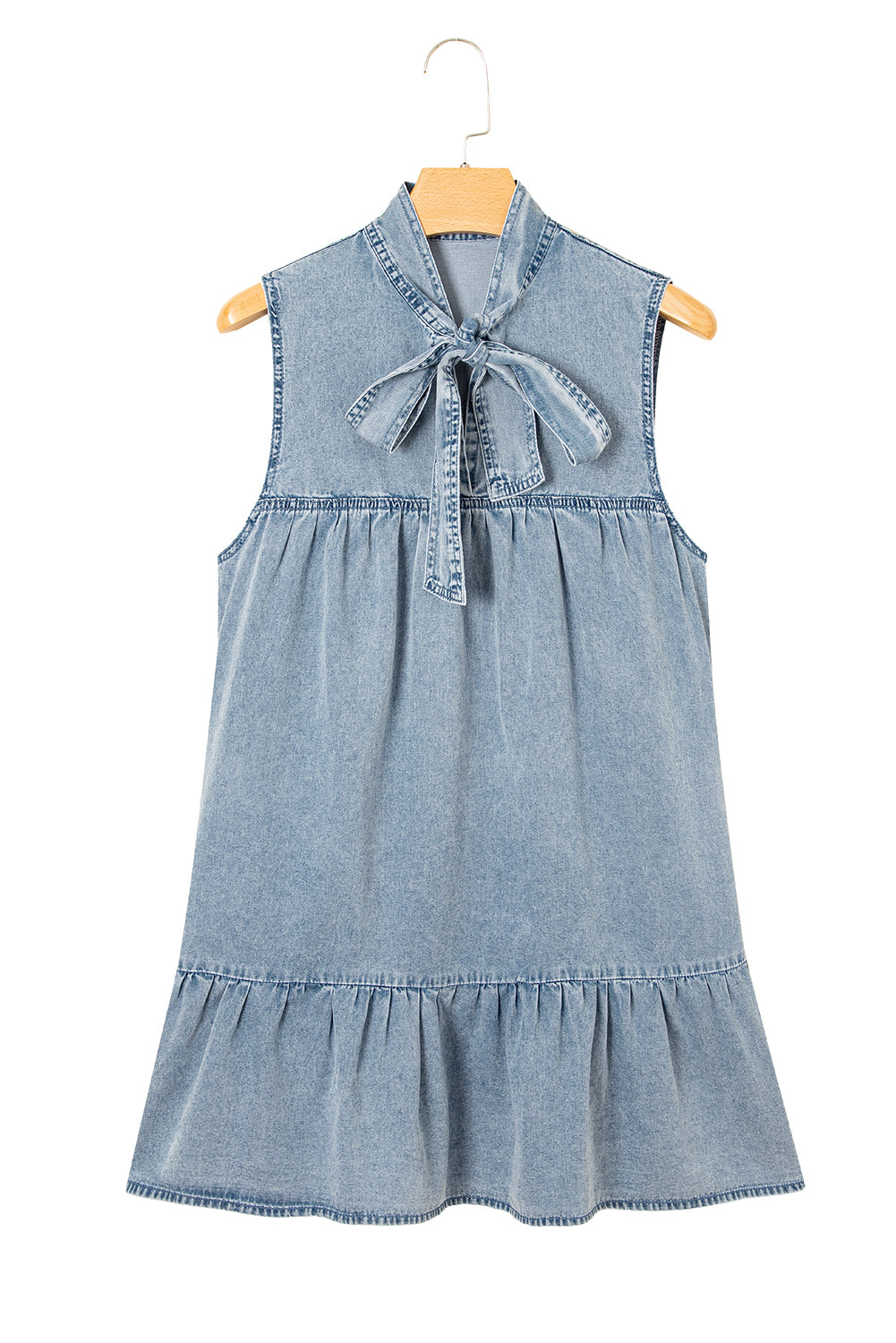 Beau Blue Bowknot Neck Sleeveless Ruffled Chambray Dress