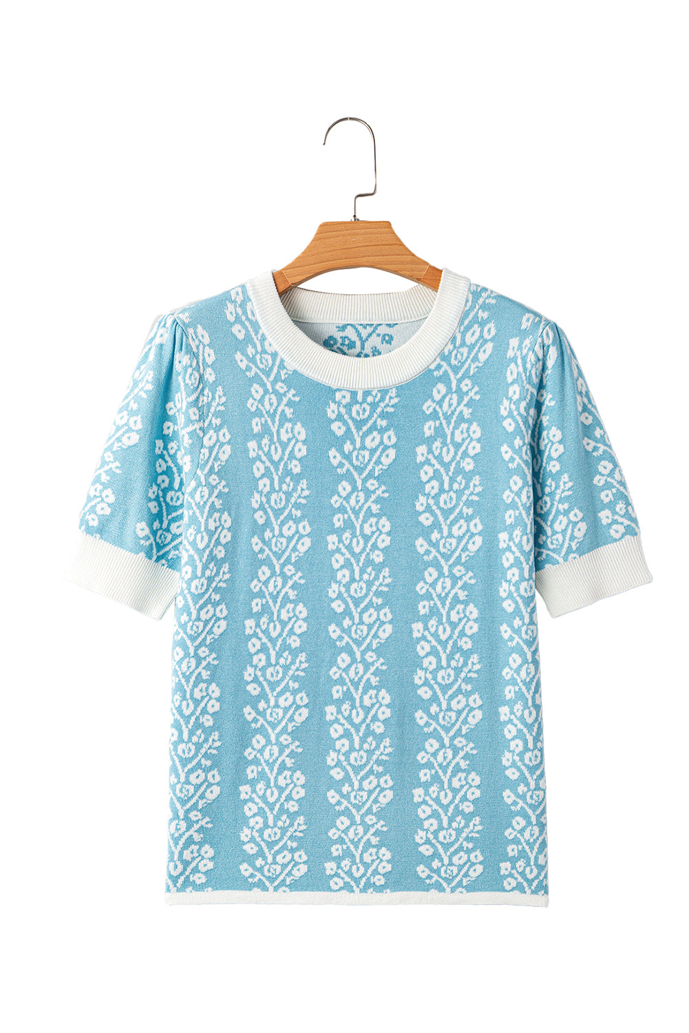 Sky Blue Contrast Floral Crewneck Short Sleeve Sweater