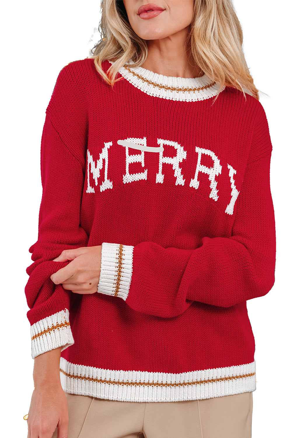Fiery Red MERRY Color Block Edge Drop Shoulder Cozy Sweater
