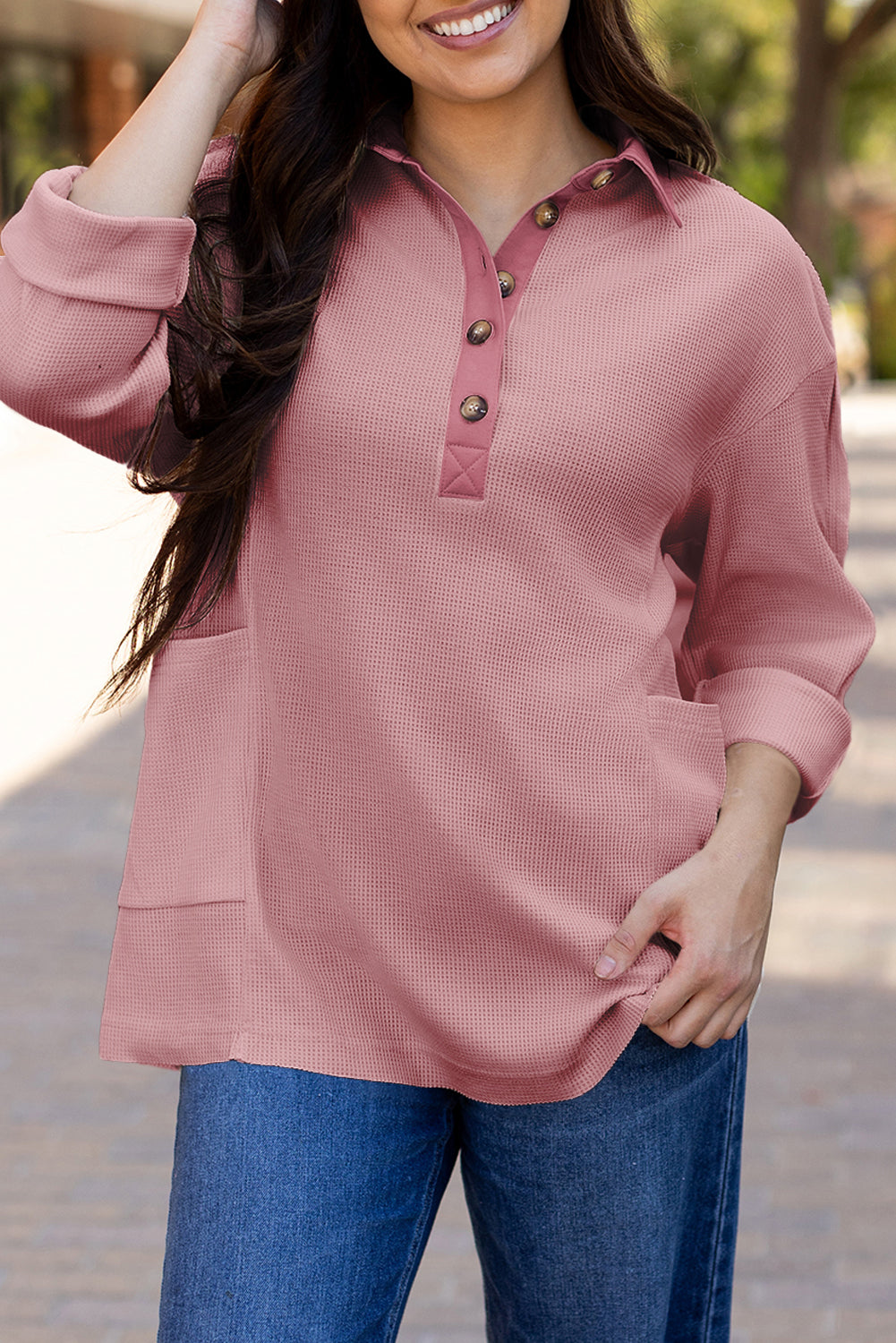 Waffle Long Sleeve Collar Half Button Loose Top