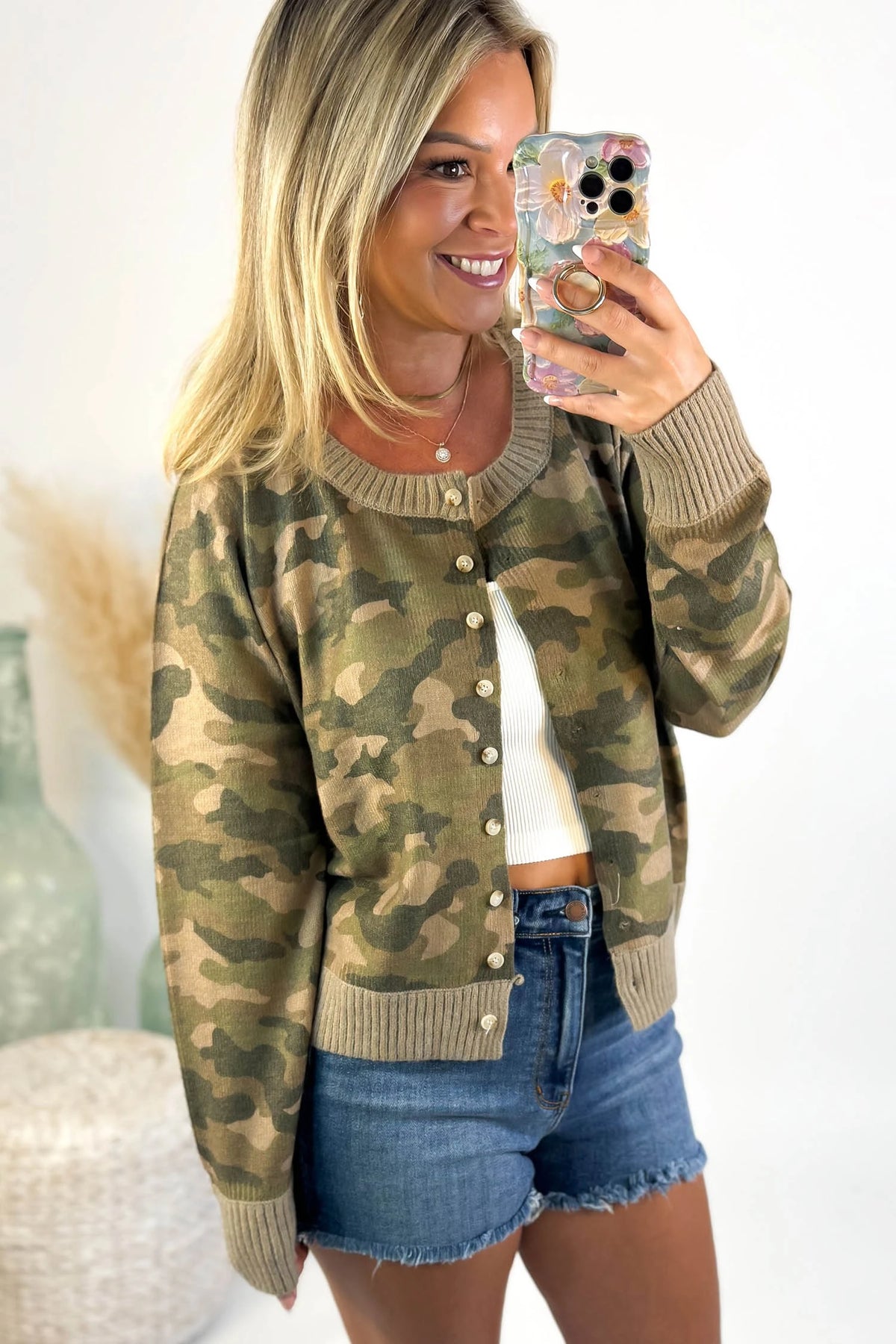 Green Camouflage Knit Ribbed Trim Round Neck Button Sweater Cardigan