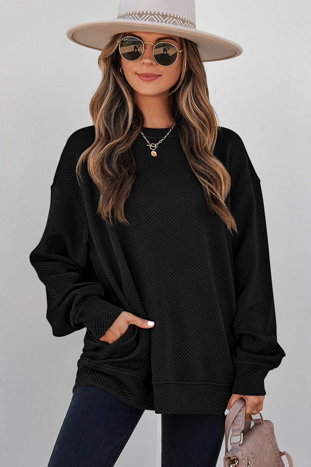 Jungle Green Solid Color Textured Round Neck Drop Shoulder Pullover Sweatshirt