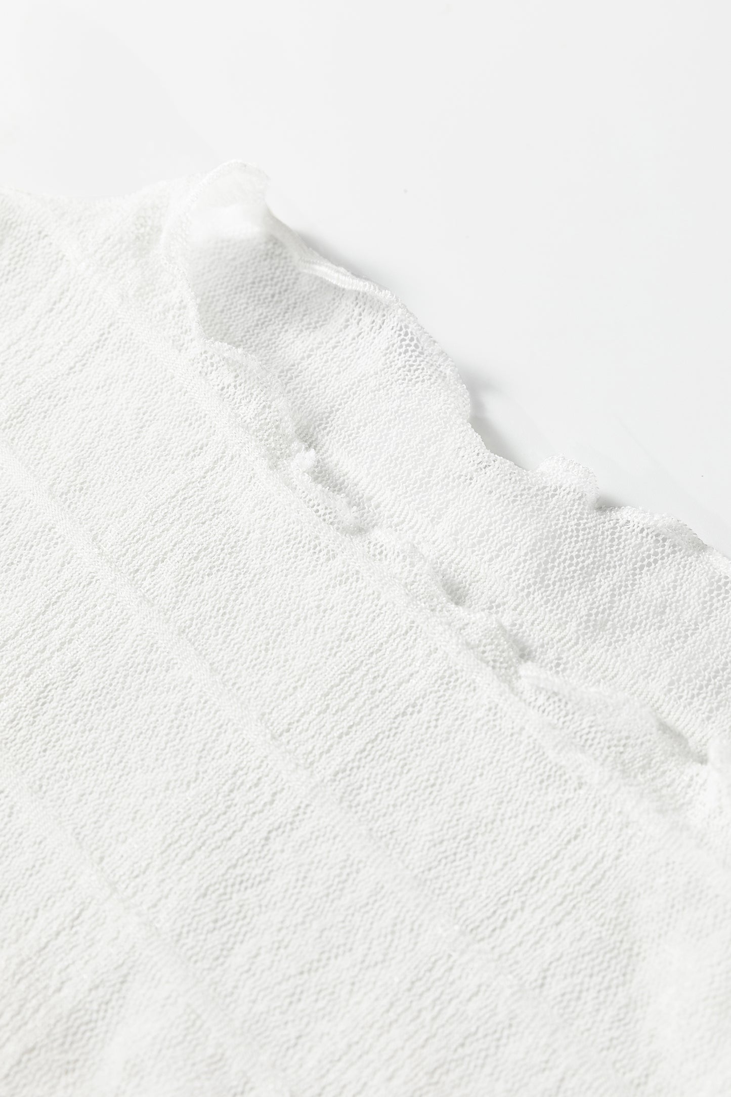 White Sheer Plaid Mesh Lettuce Trim Slim Fit Long Sleeve Top