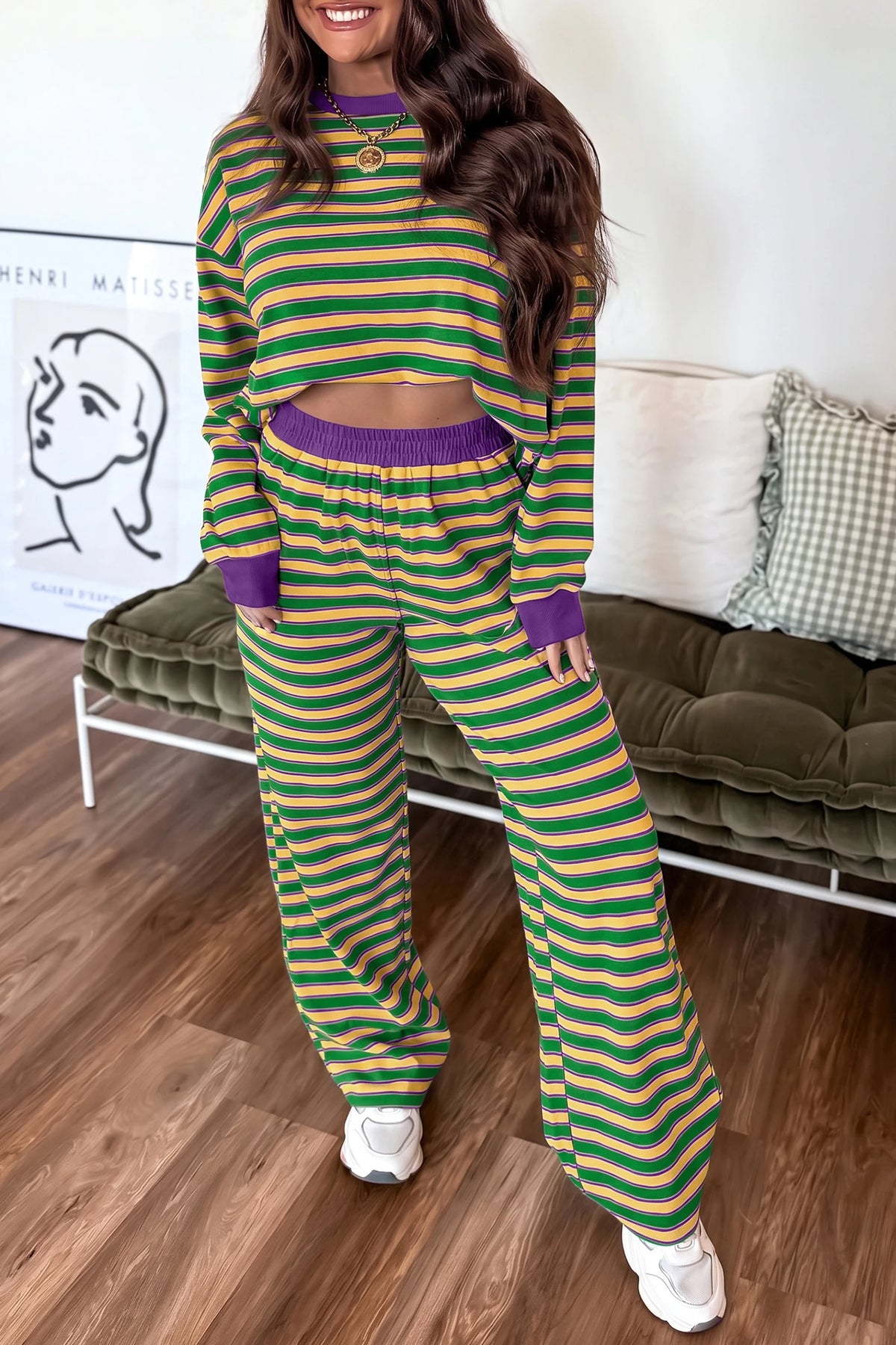 Khaki Stripe Contrast Trim Long Sleeve Top Elastic Waist Pants Set