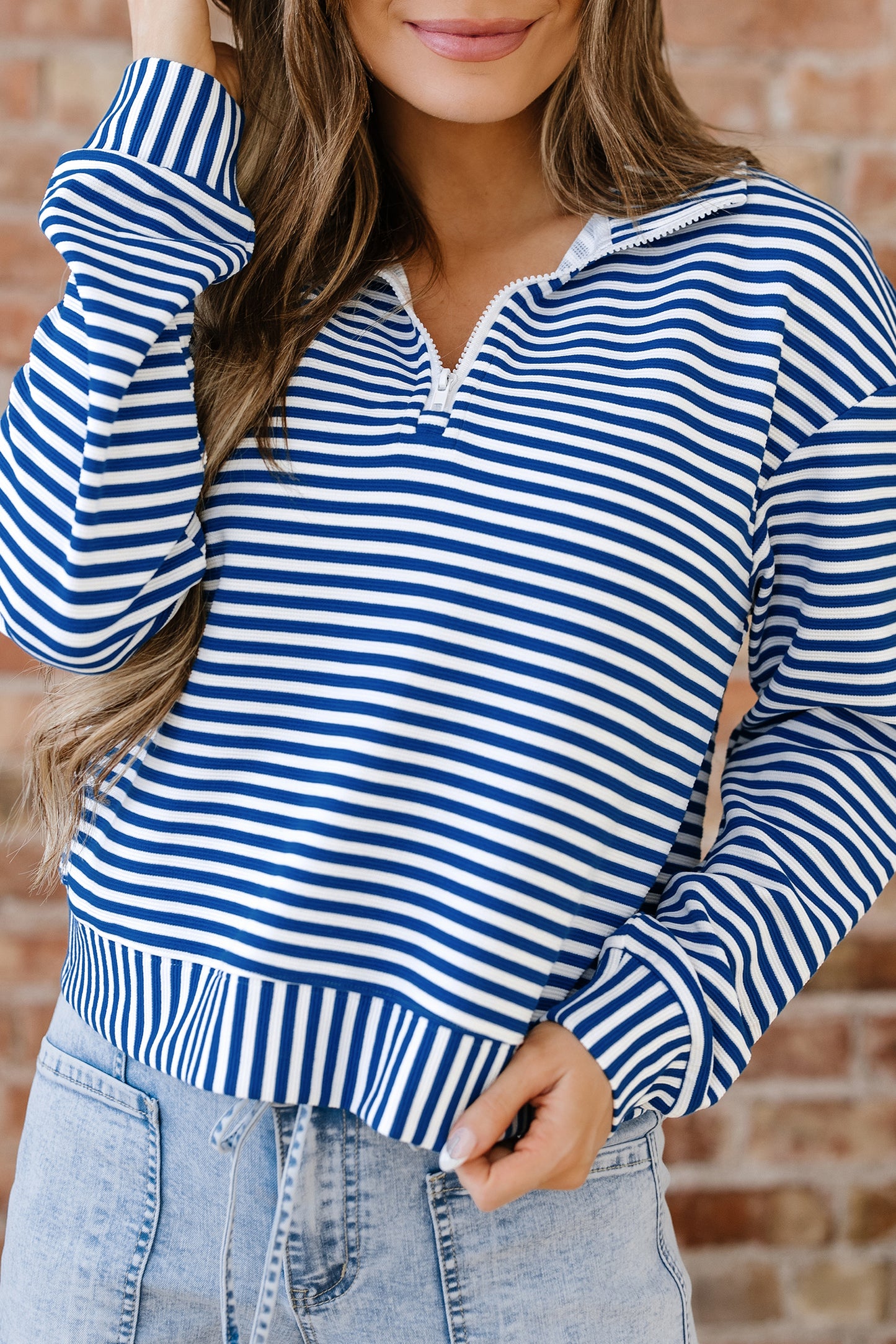 Blue Stripe Quarter Zip Collar Pullover Long Sleeve Top