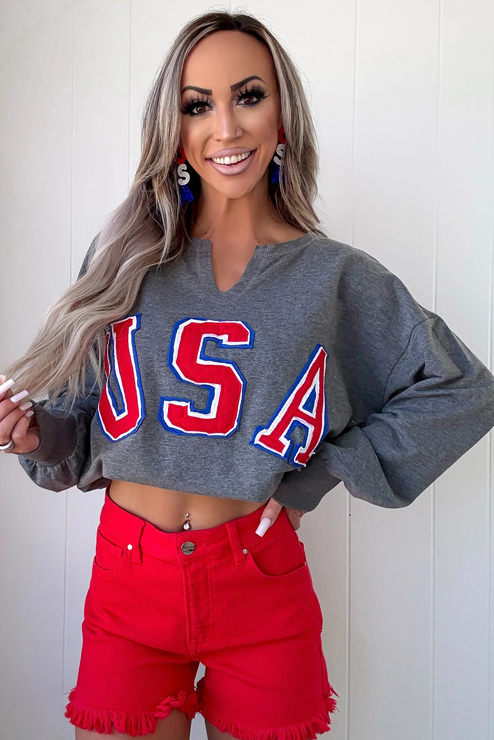 Medium Grey USA Patriotic Graphic Notched Neckline Drop Shoulder Pullover Sweatshirt