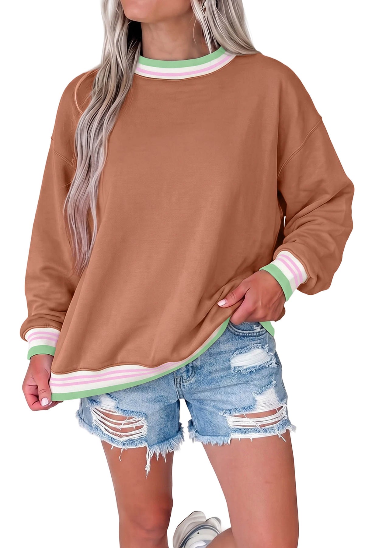 Racing Red Contrast Striped Trim Baggy Pullover Sweatshirt