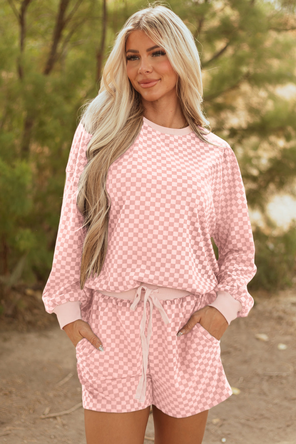 Brown Checkerboard Long Sleeve Pullover and Shorts Set