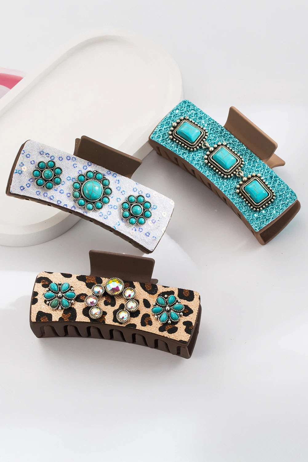 Parchment Western Leopard Print Gem Turquoise Detail Jaw Hair Clip