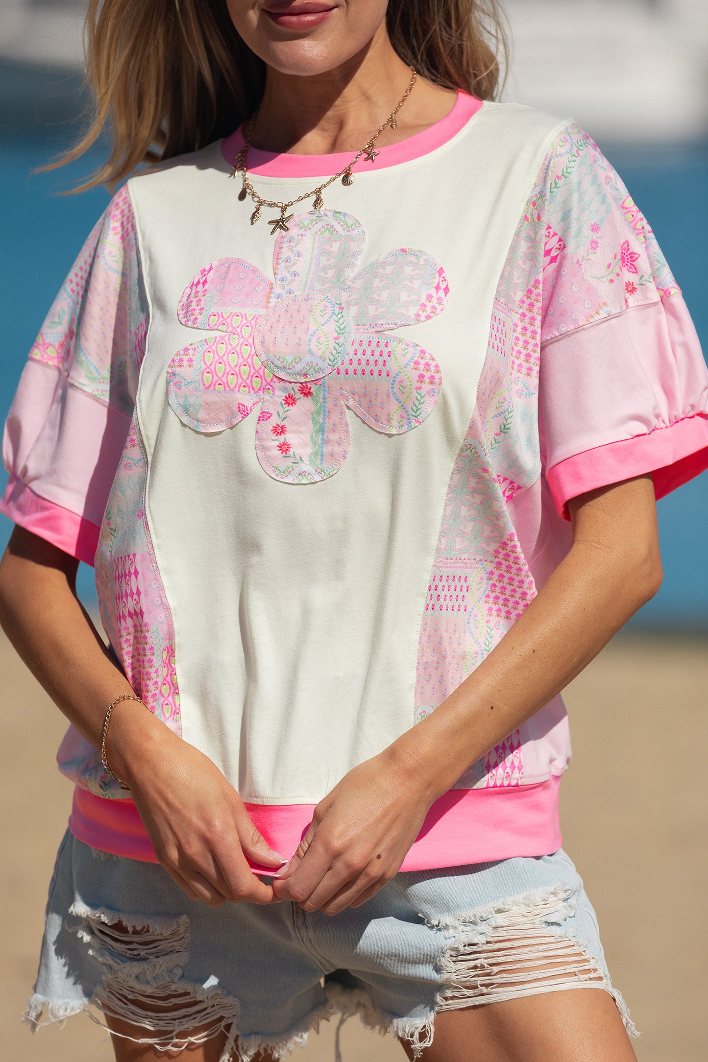 Beige Color Block Floral Patchwork Big Flower Accent Relaxed Top