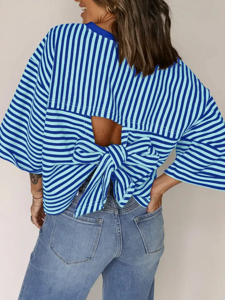 Red Stripe Bowknot Cutout Back Drop Shoulder Wide Bracelet Sleeve Loose Tee