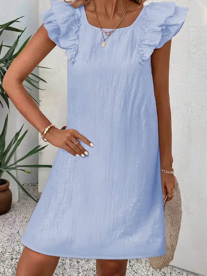 Light Pink Textured Flutter Sleeve Square Neck Bow Back Mini Dress