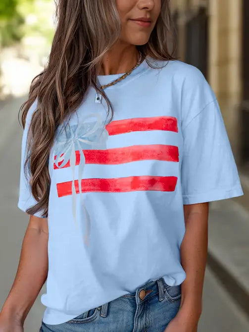 Light Pink Flag Bow Graphic Crewneck Tee
