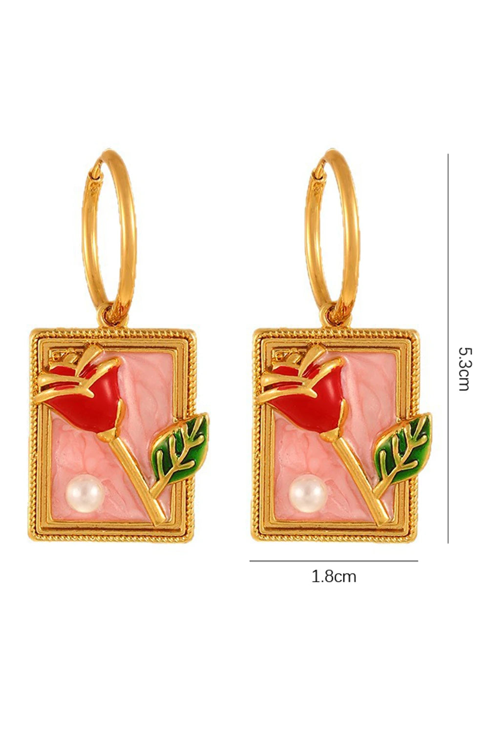 Gold Plated Hoop Rose Pearl Square Charm Earrings