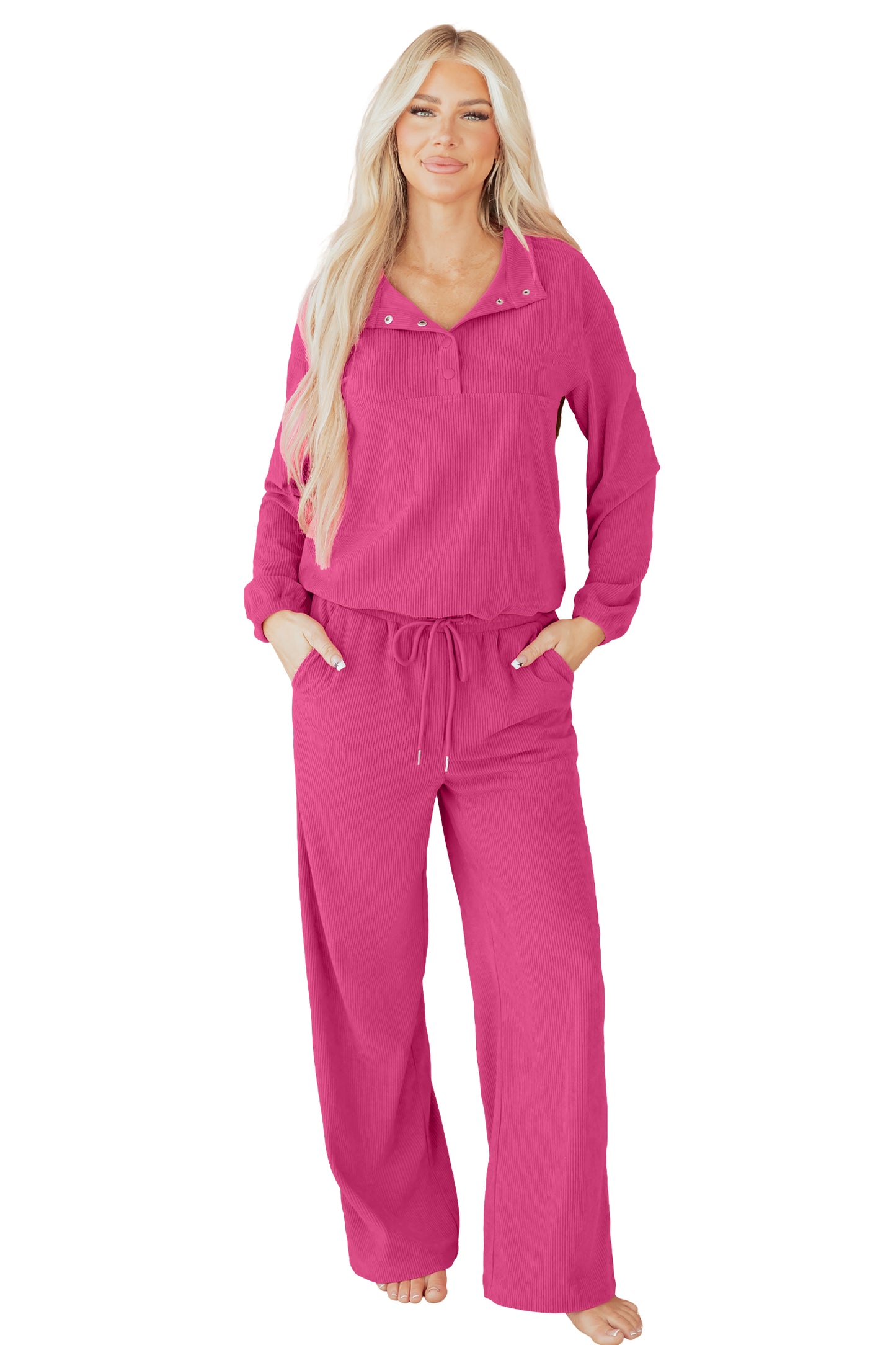 Peach Blossom Half Button Pullover Drawstring Pants Solid Color Corduroy 2pcs Outfit