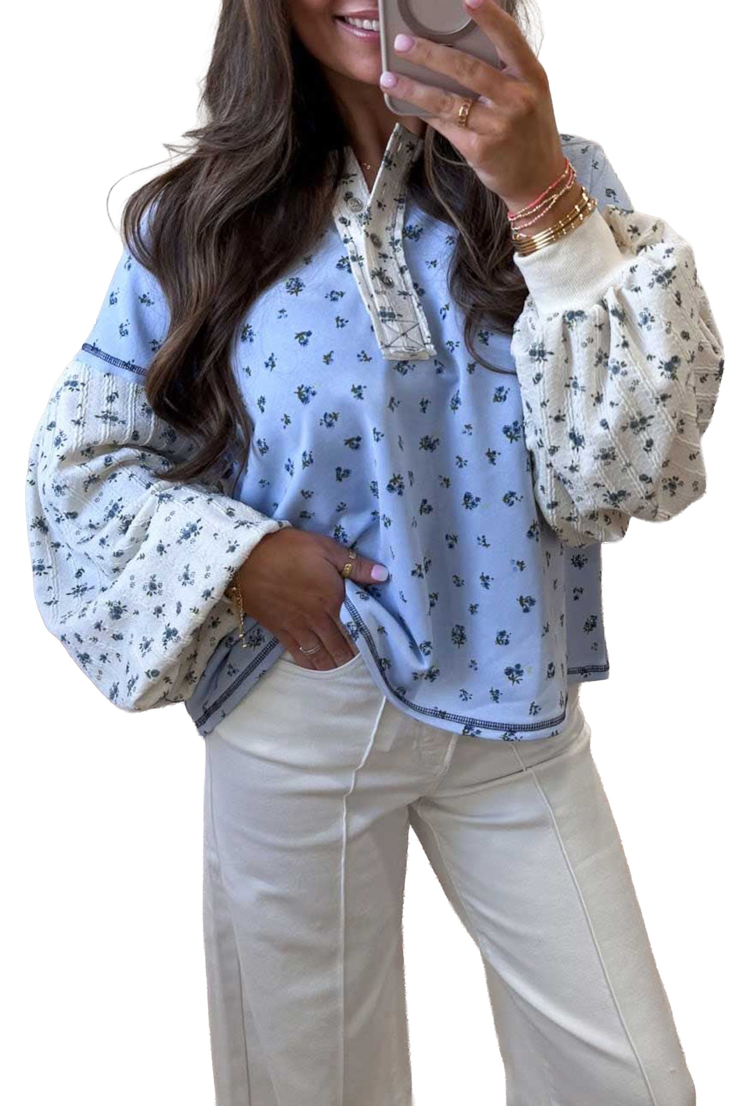 Sky Blue Floral Print Contrast Long Sleeve Tops