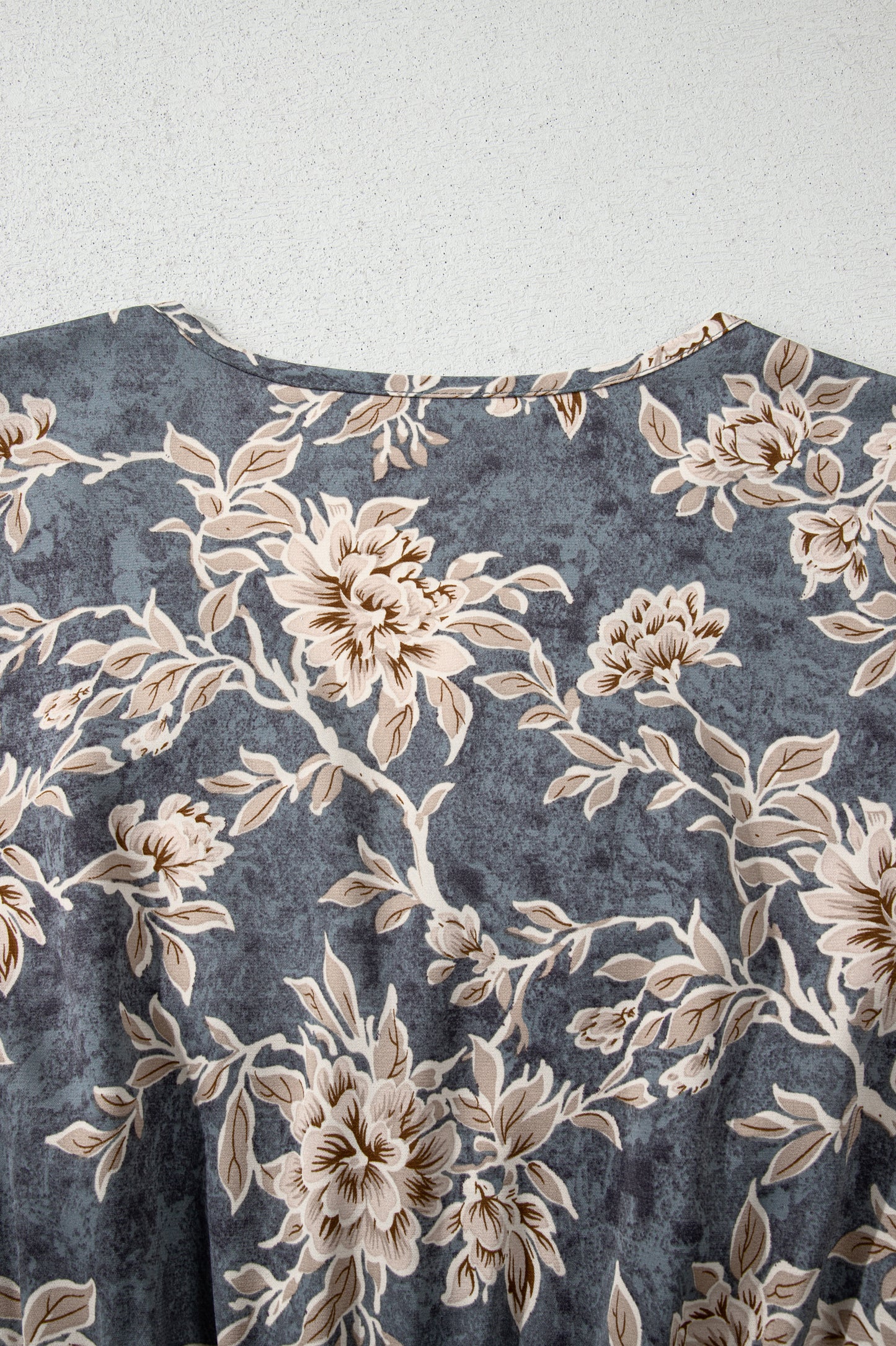 Sky Blue Plus Size Floral Print Split Neck Shirred High Waist Long Sleeve Maxi Dress