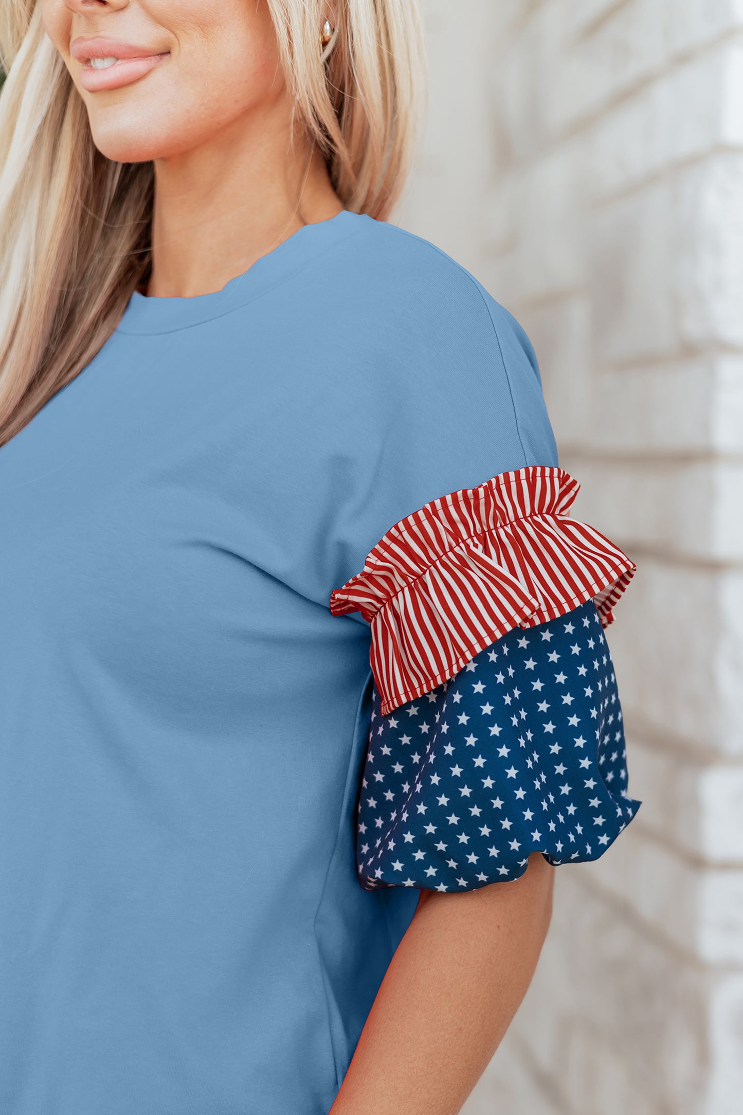 Fiery Red Stars Stripes Short Puff Sleeve Top