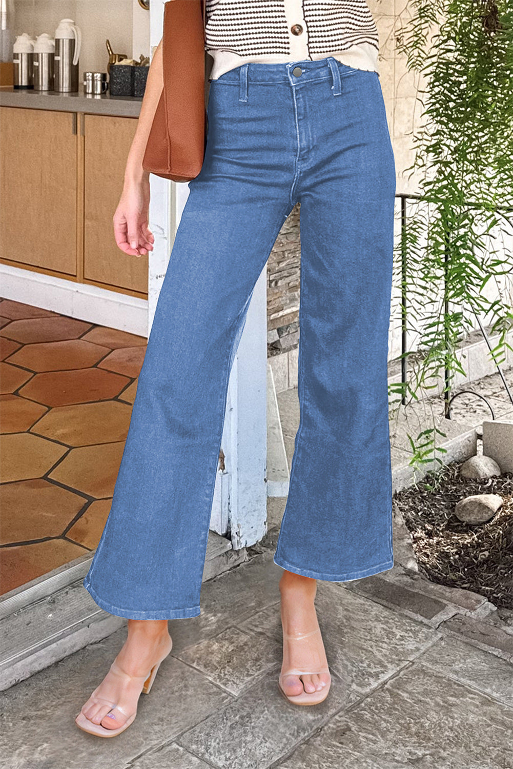 Blue Solid Color High Waist Straight Leg Jeans