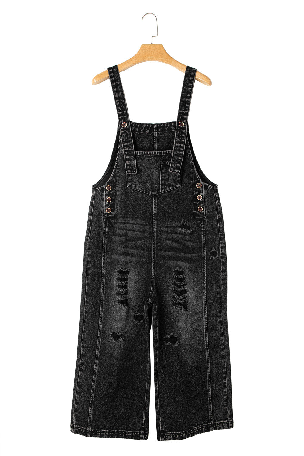 Black Distressed Bib Pocket Wide Leg Denim Overall