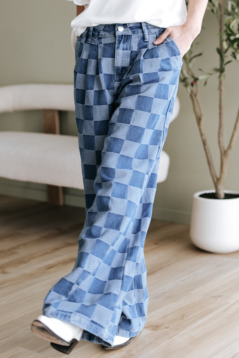 Solid Color Checkered Denim Wide Leg Jeans