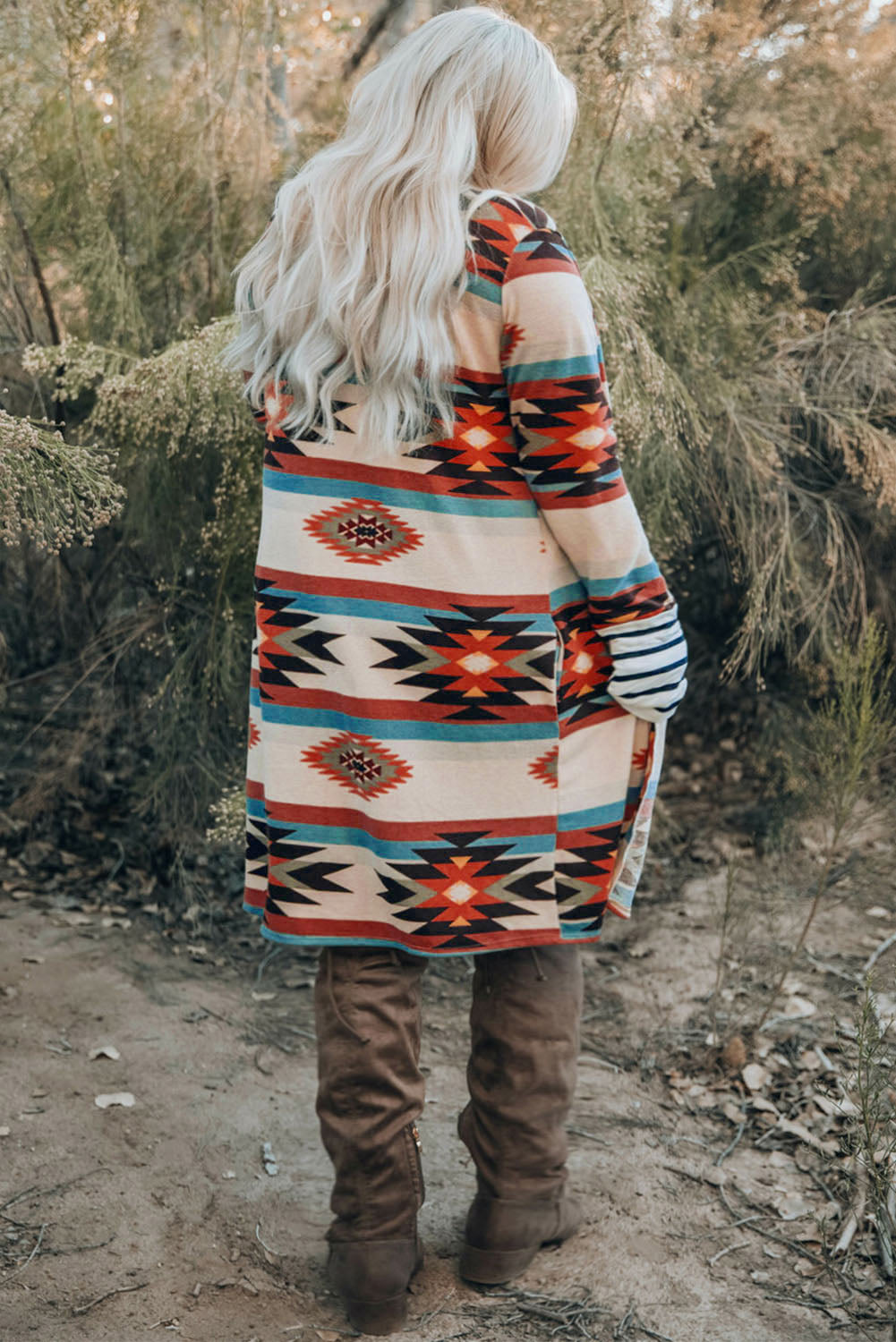 Multicolor Geometric Color Block Open Front Long Cardigan