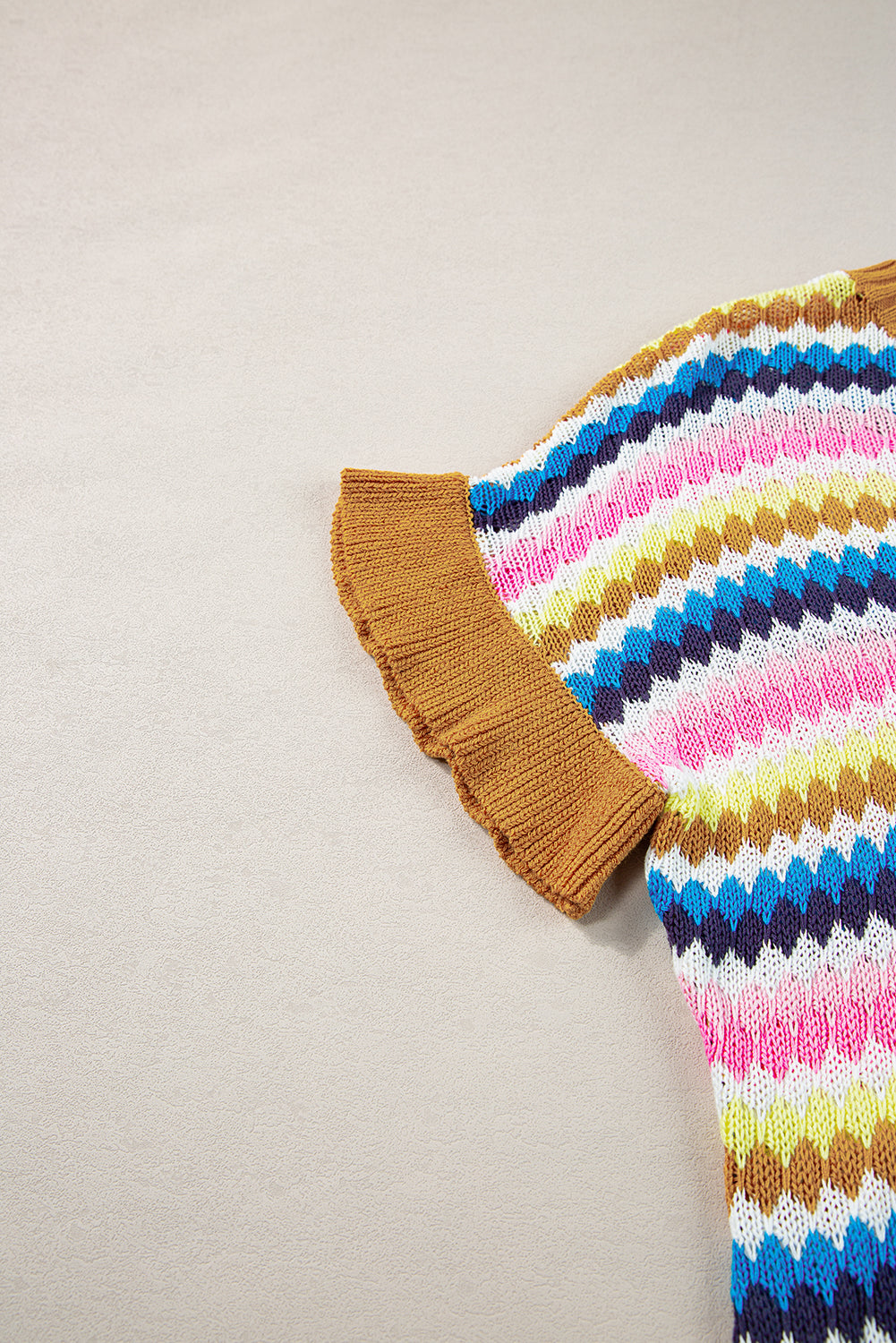 Trimmed Ruffle Sleeve Colorful Textured Sweater