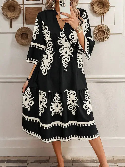 Beige Western Geometric Print 3/4 Sleeve Loose Midi Dress