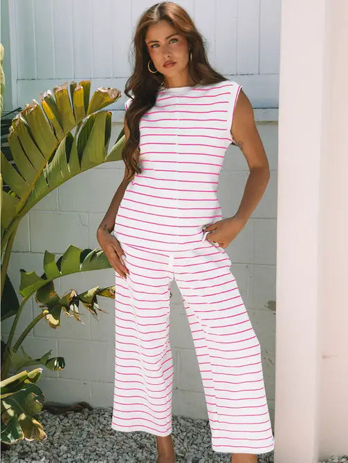 Black Stripe Casual Wide Leg 2pcs Pants Set