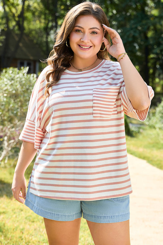Striped Plus Size Pocket T-Shirt in Pink
