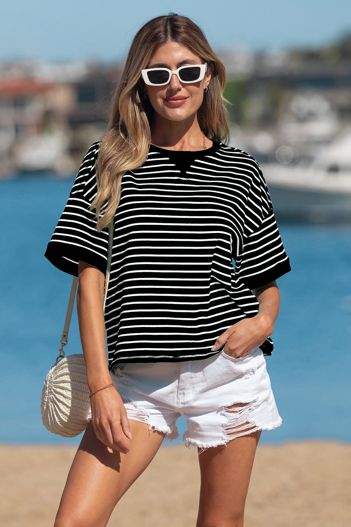 Striped Cotton Tee Oversized Casual Top