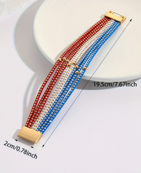 Sky Blue Flag Day Magnetic Buckle Studded Multi Layer Bracelet