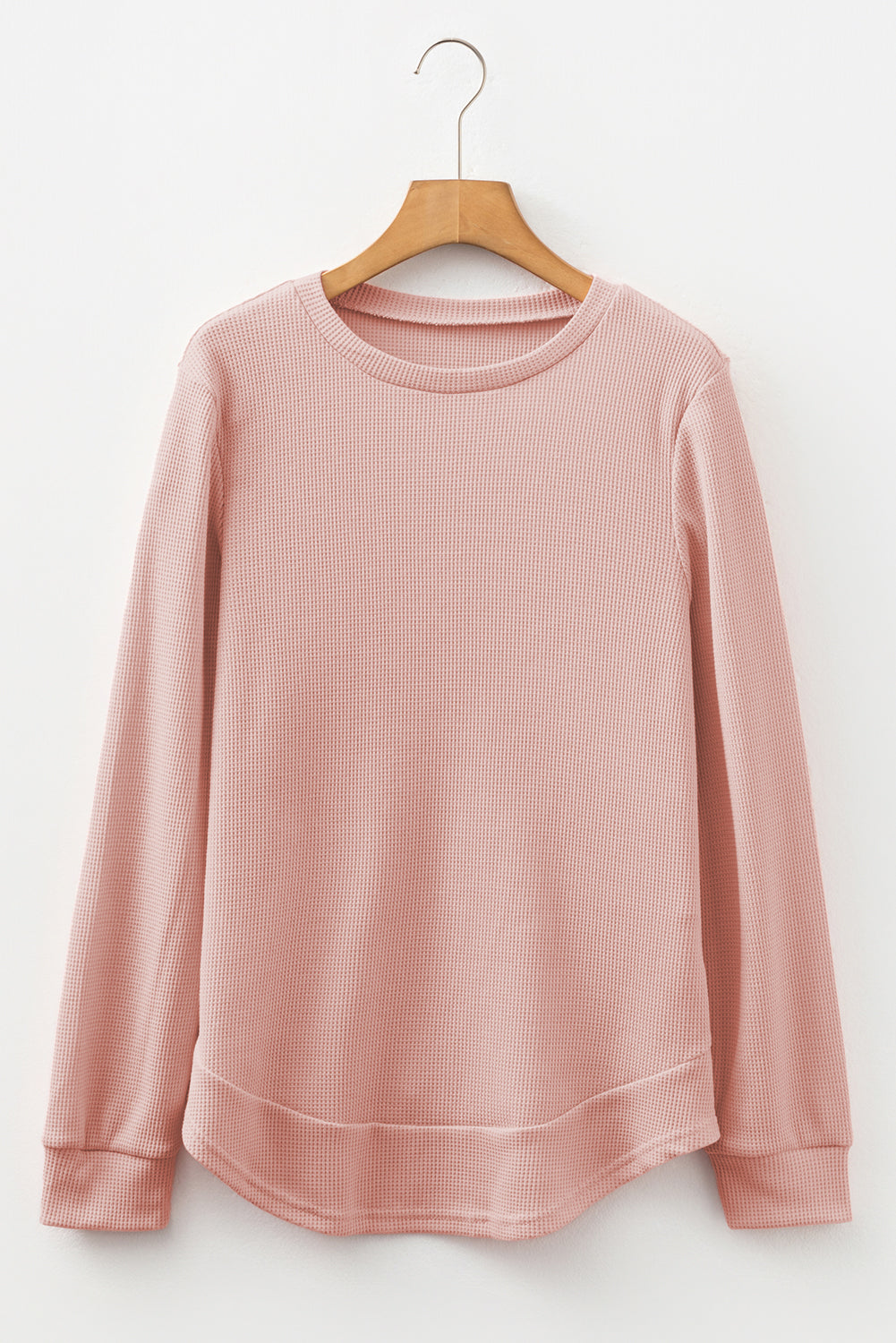 White Rounded Hem Waffle Long Sleeve Top