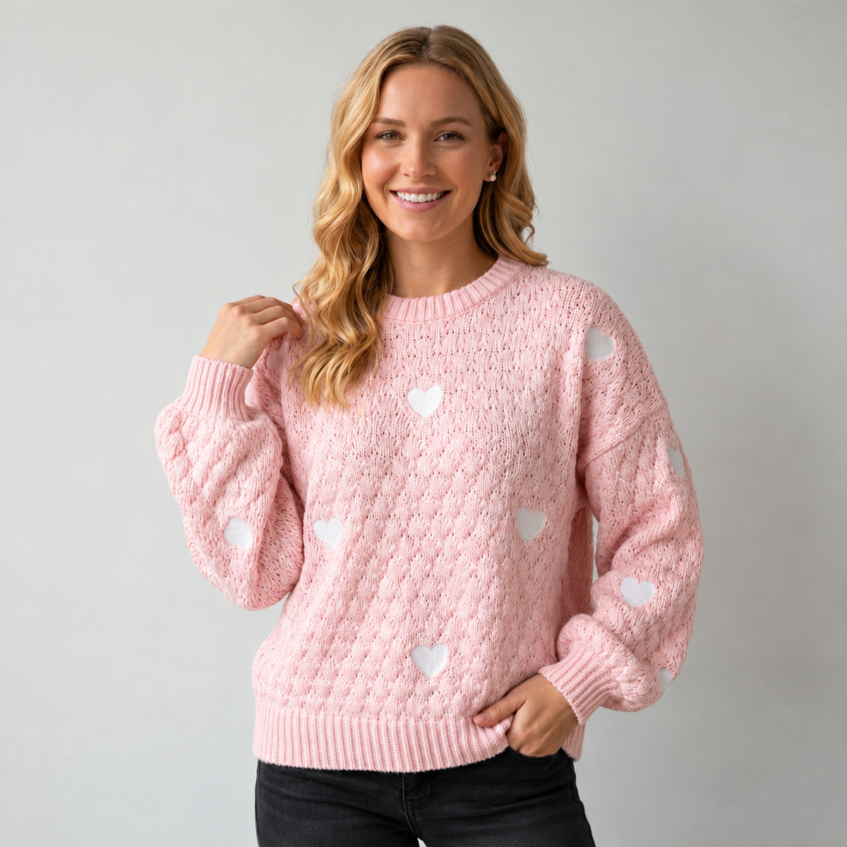 Women's Oversized Heart Cable Knit Crew Neck Sweater