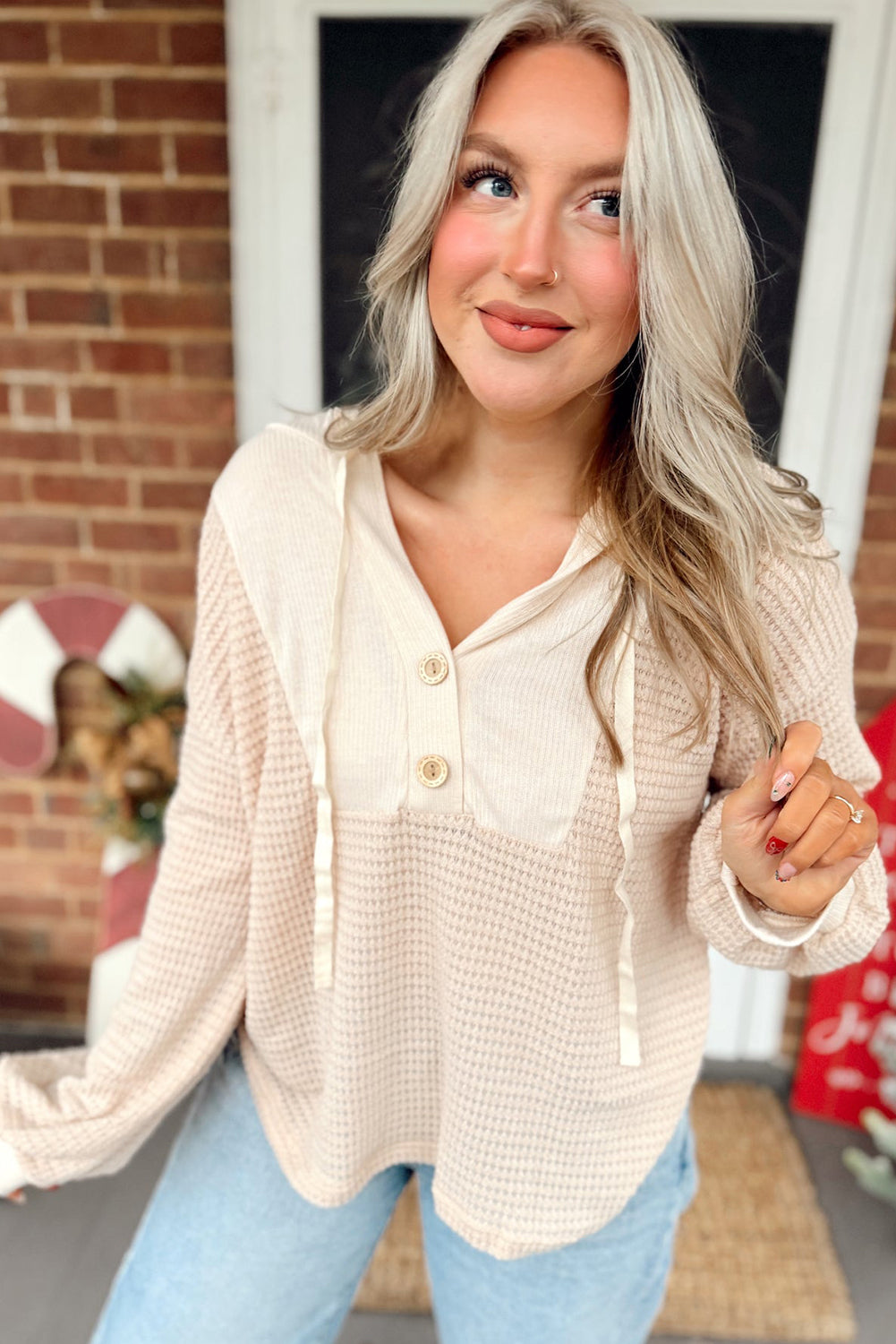 Racing Red Waffle Patchwork Drop Shoulder Hooded Long Sleeve Top