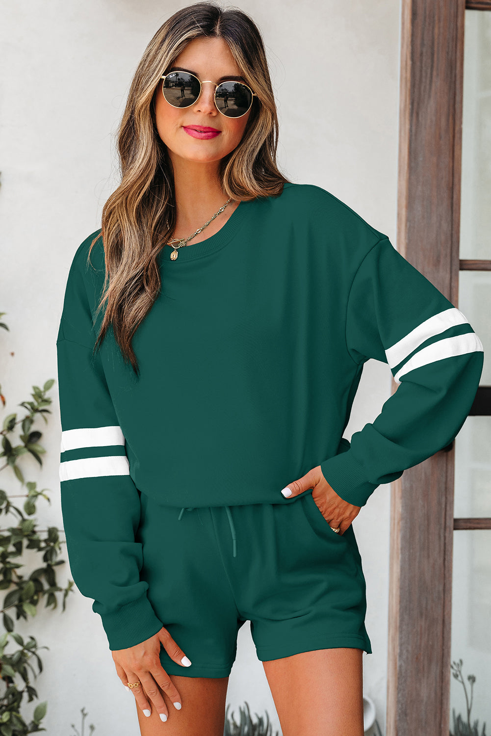 Black Varsity Striped Sleeve Drop Shoulder Sweatshirt and Short Set