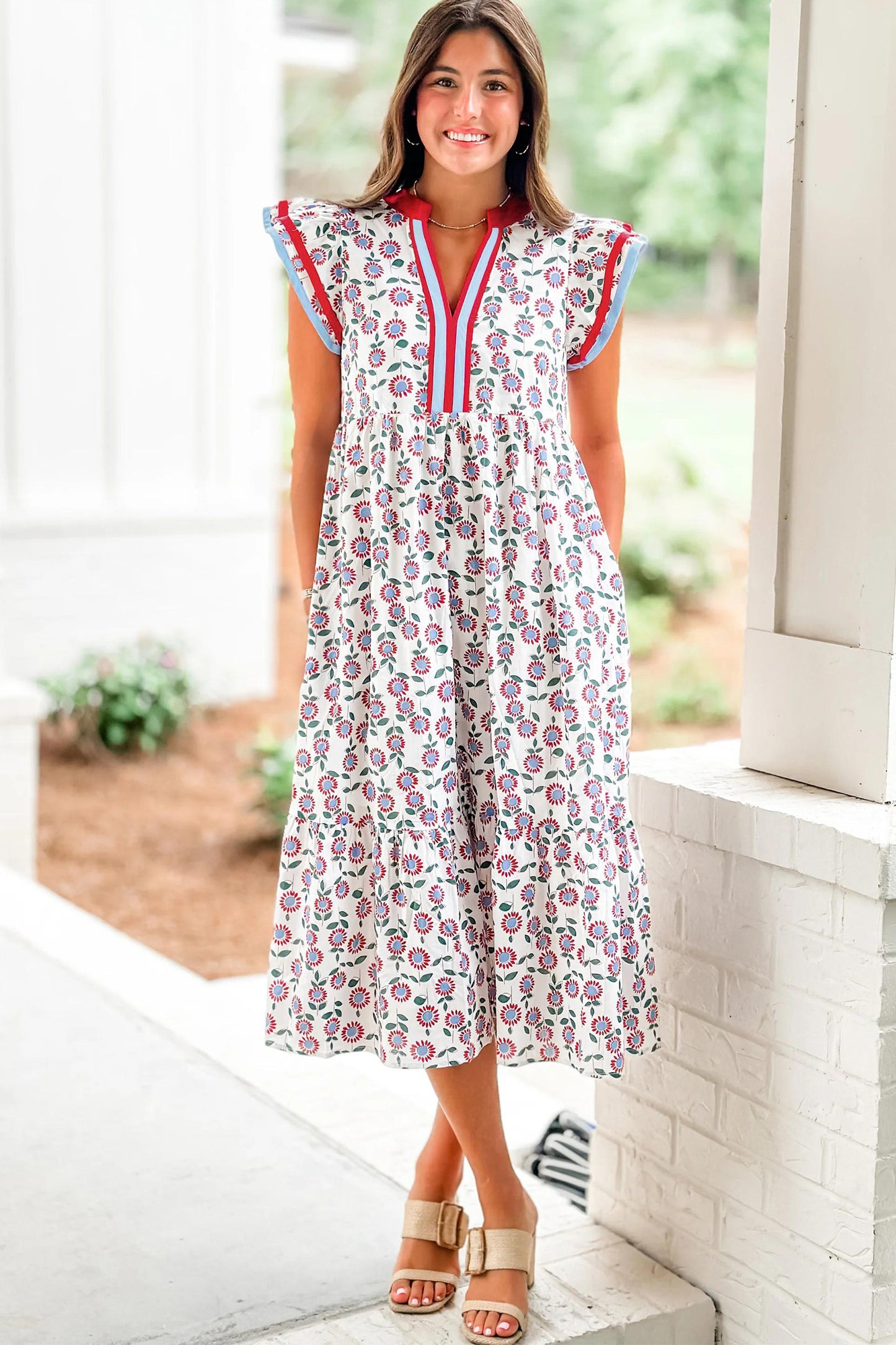 Sky Blue Cute Sunflower Printed Striped Patchwork Trim Flutter Sleeve Long Dress