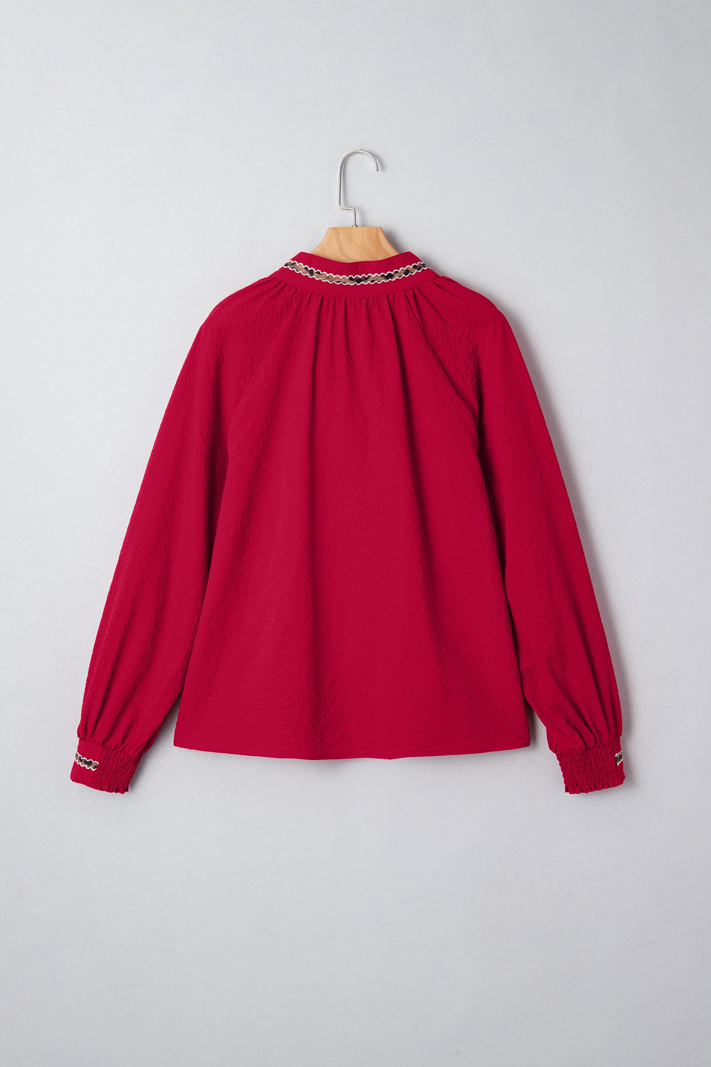 Racing Red Leopard Jacquard Print V Neck Textured Blouse