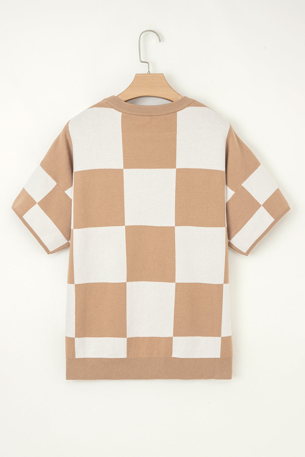 Checkered Pattern Loose Drop Shoulder Half Sleeve Sweater