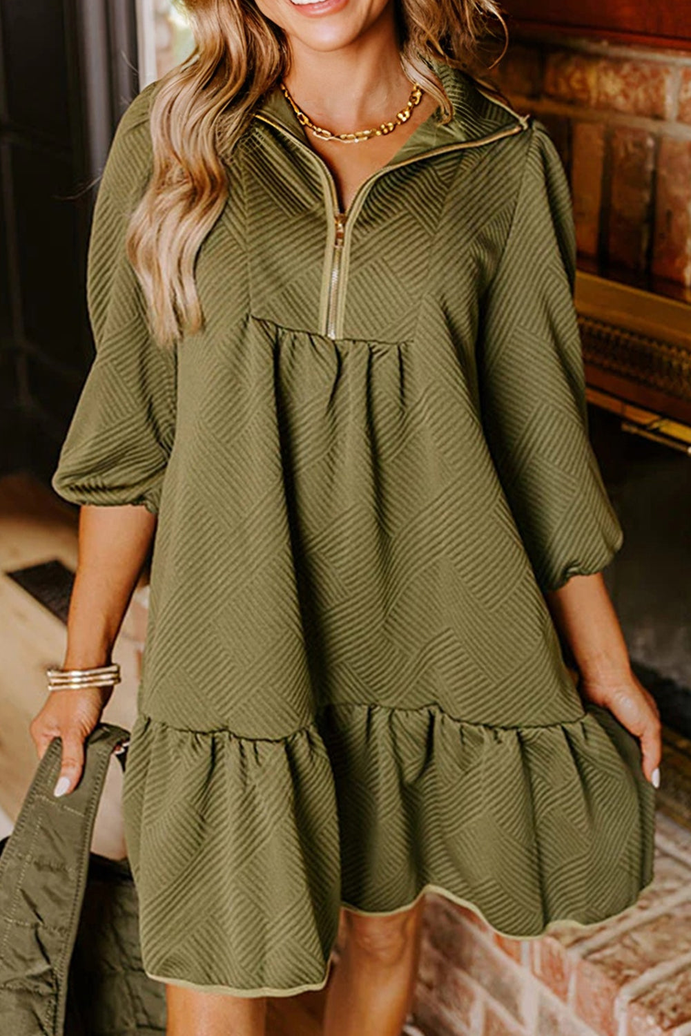 Jungle Green Quarter Zip Collar Bracelet Sleeve Textured Mini Dress