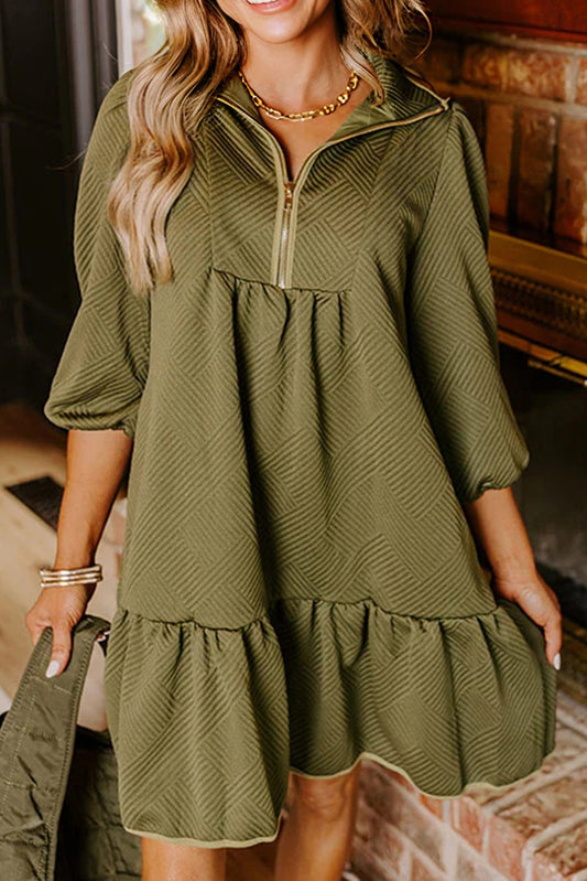 Jungle Green Quarter Zip Collar Bracelet Sleeve Textured Mini Dress