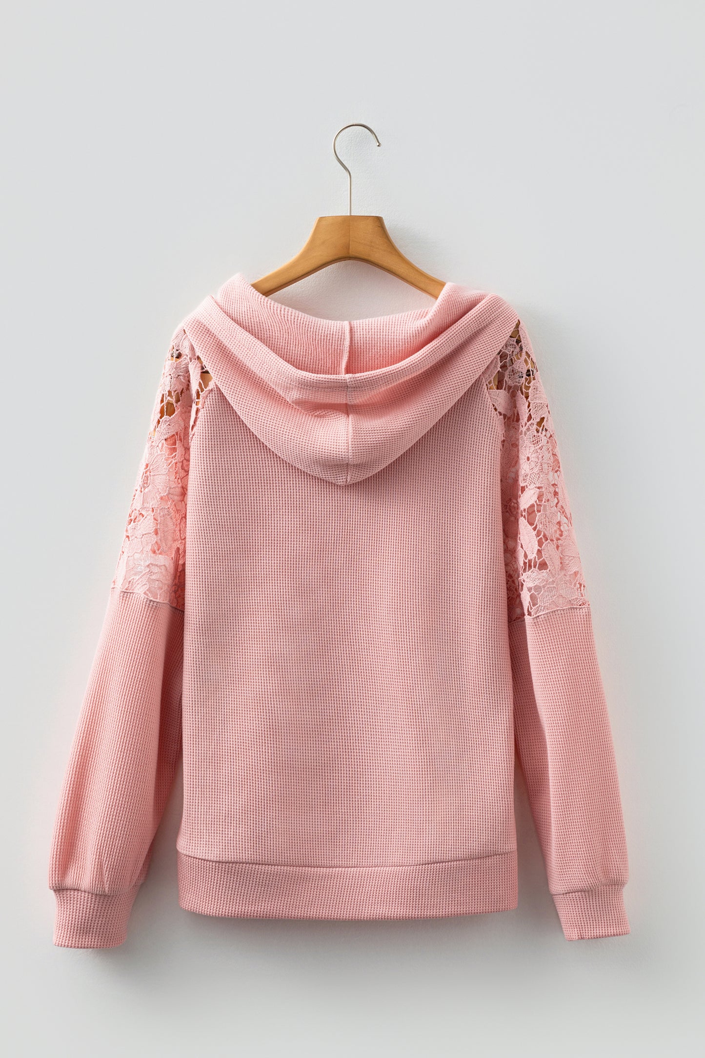 Smoke Green Lace Patchwork Raglan Sleeve Kangaroo Pocket Waffle Hoodie